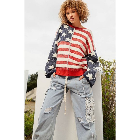 POL Red Blue Soft Stars Stripe Pattern Fleece Relaxed Fit Pullover Sweater - Picture 2 of 9